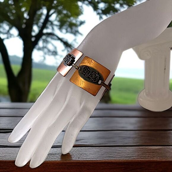 Vintage Copper Bracelet Music Notes Treble Clef Square Panel Links MCM Chunky - Picture 12 of 16